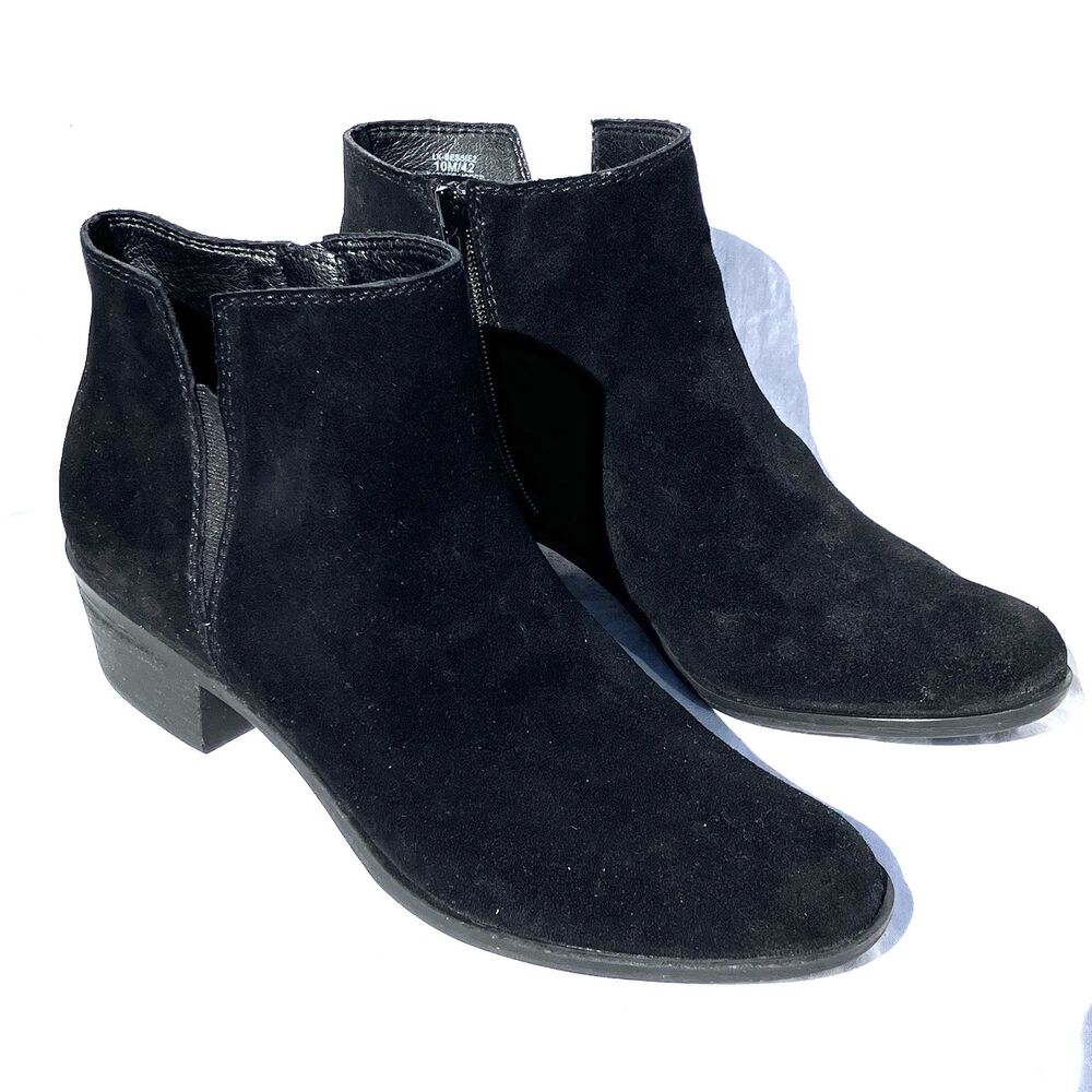 Lucky Brand Ankle Boots Bessie 2 Chelsea Suede Leather Zip 10 42 Chunk Heel Blk